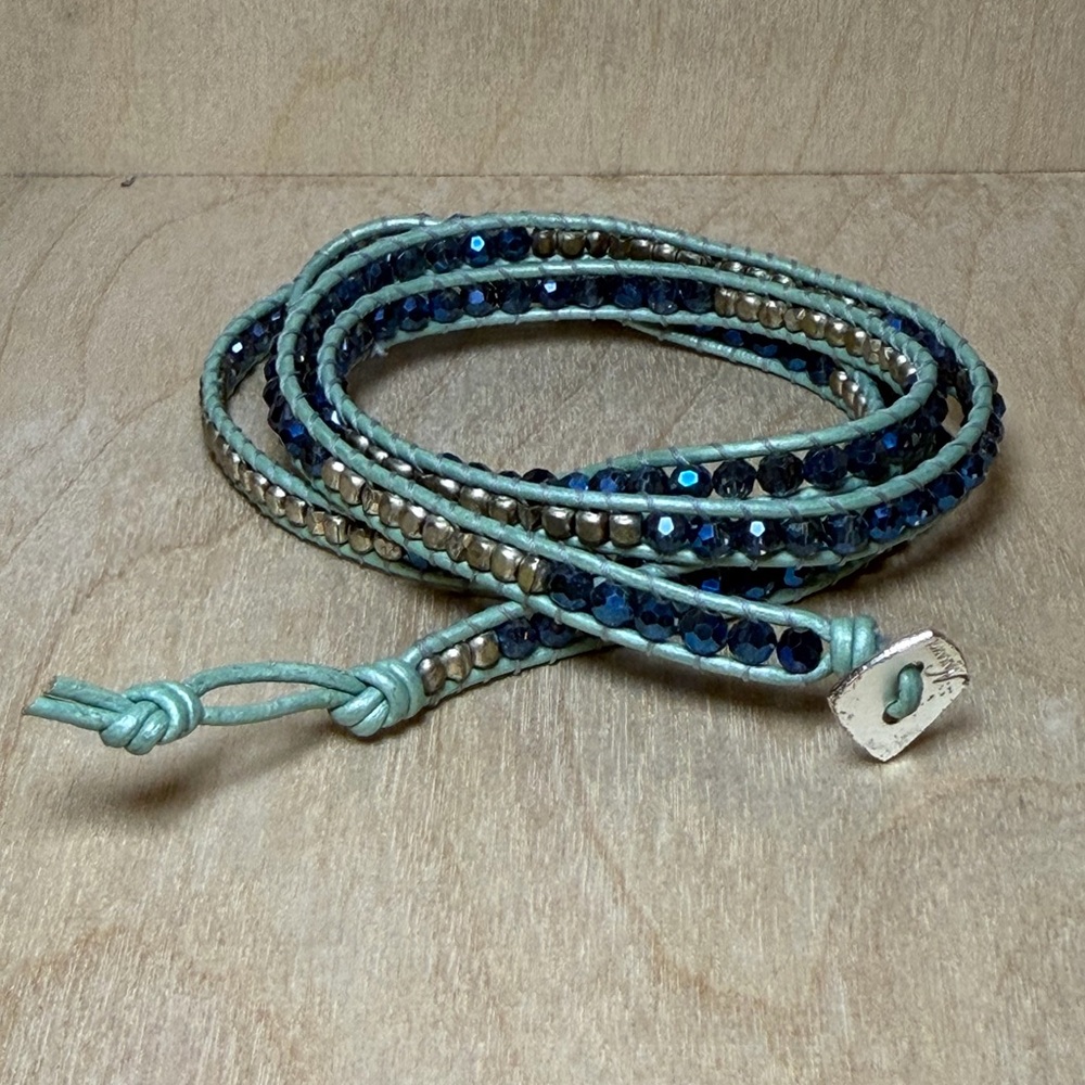 Blue and Silver‎ Beaded Leather Wrap Bracelet